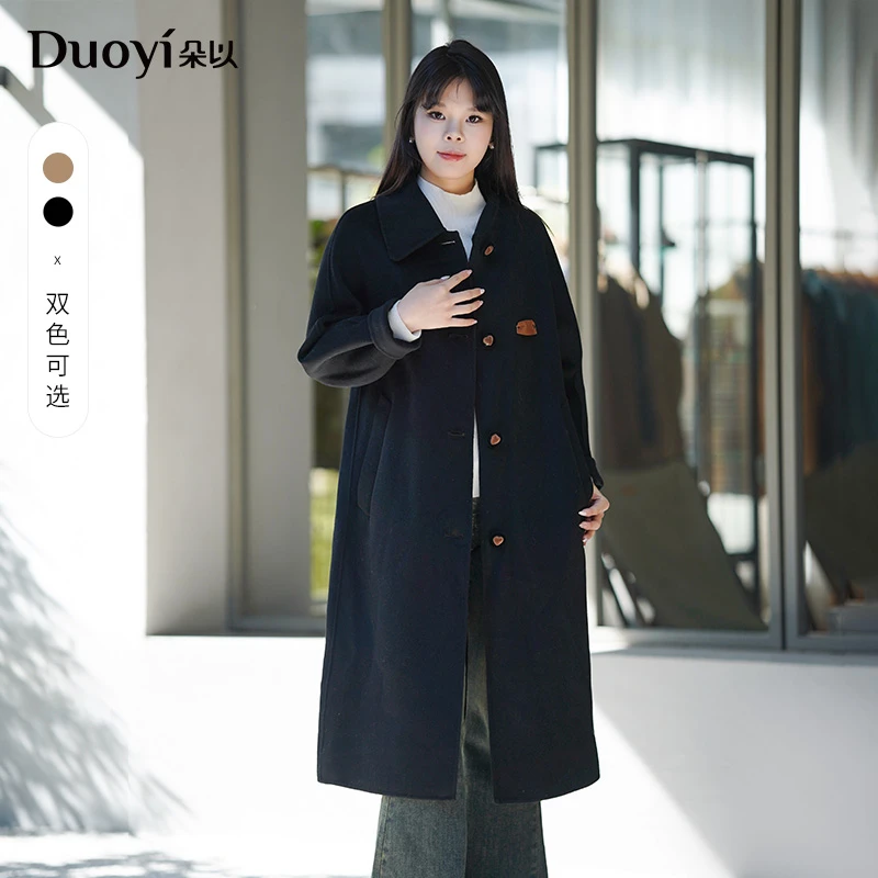 朵以2024冬通勤毛呢外套翻领单排扣中长款双面呢大衣37DD735051