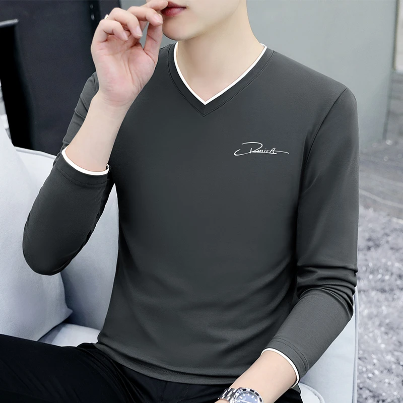 2025秋季新款V领男装内搭打底衫男式长袖t恤男款衣服上衣男士秋装