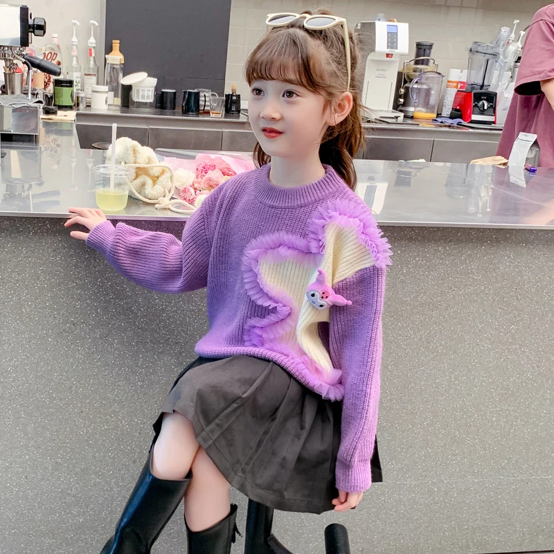 女童秋装毛衣2025新款儿童洋气女孩春秋撞色卡通秋季针织打底衫潮