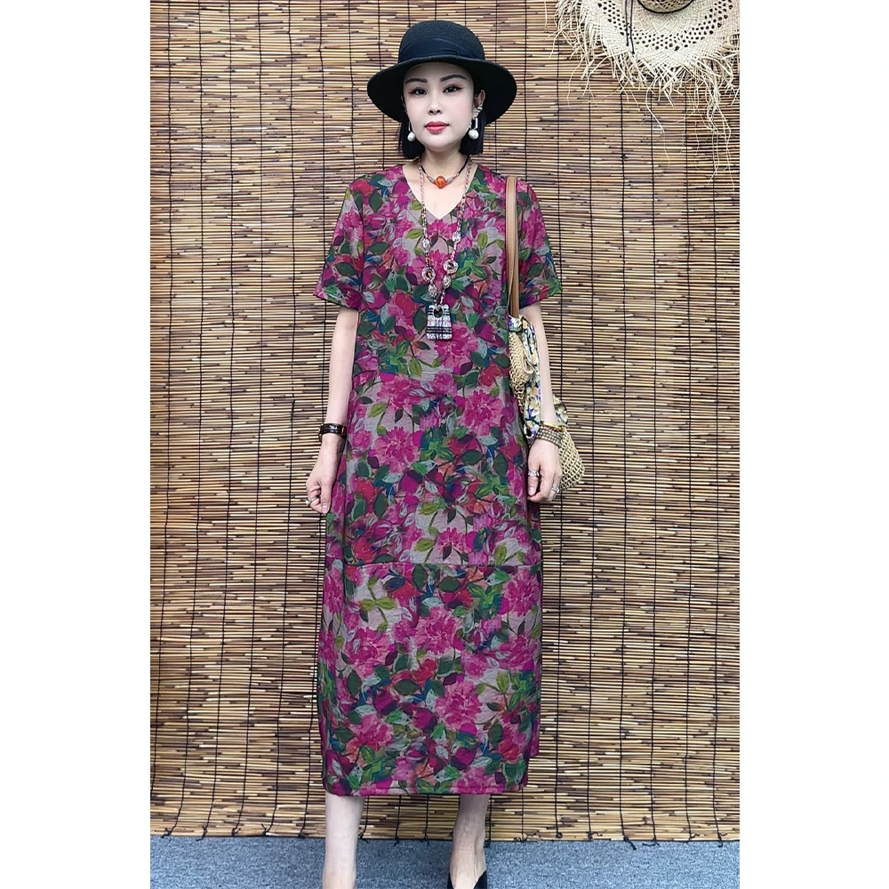 夏季新中式短袖长裙时尚气质显瘦宽松优雅大码拼接连衣裙586