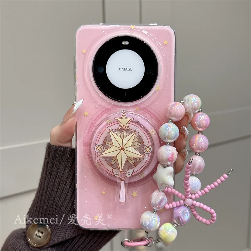 适用华为mate70pro+手机壳卡通少女星星mate60pro+魔法棒磁吸支架