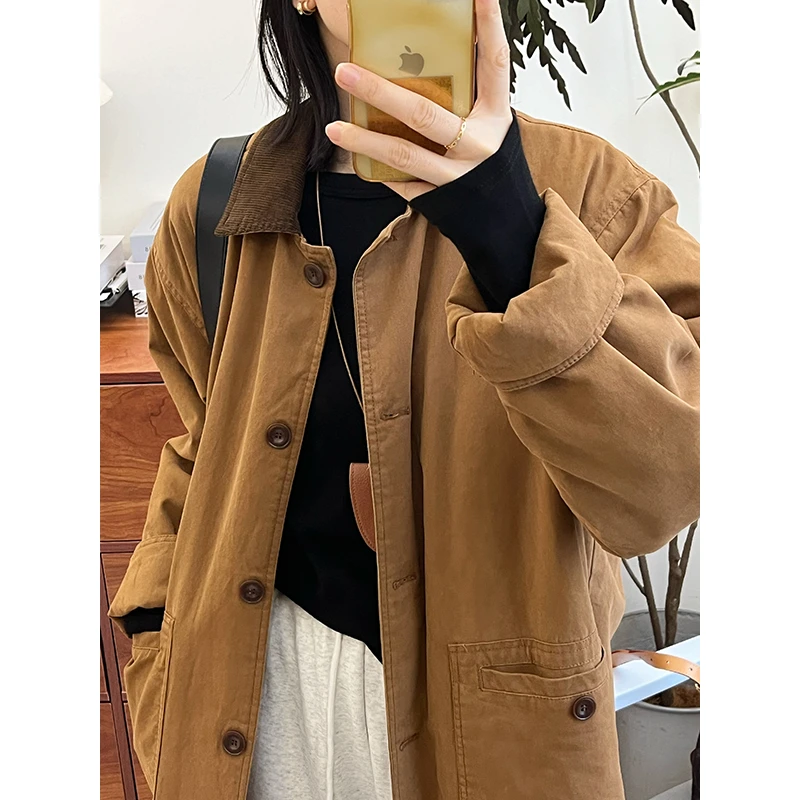 撞色复古灯芯绒翻领长款棉服女宽松休闲工装加厚外套显瘦保暖棉衣
