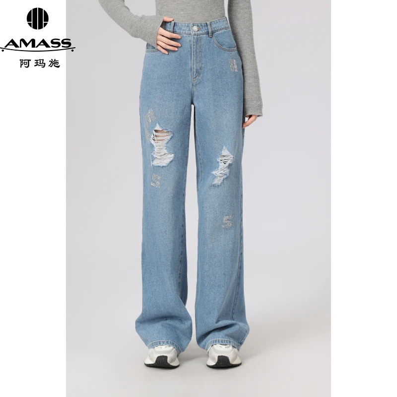 AMASS/阿玛施早春新款简约休闲时髦破洞百搭烫钻直筒牛仔裤510008
