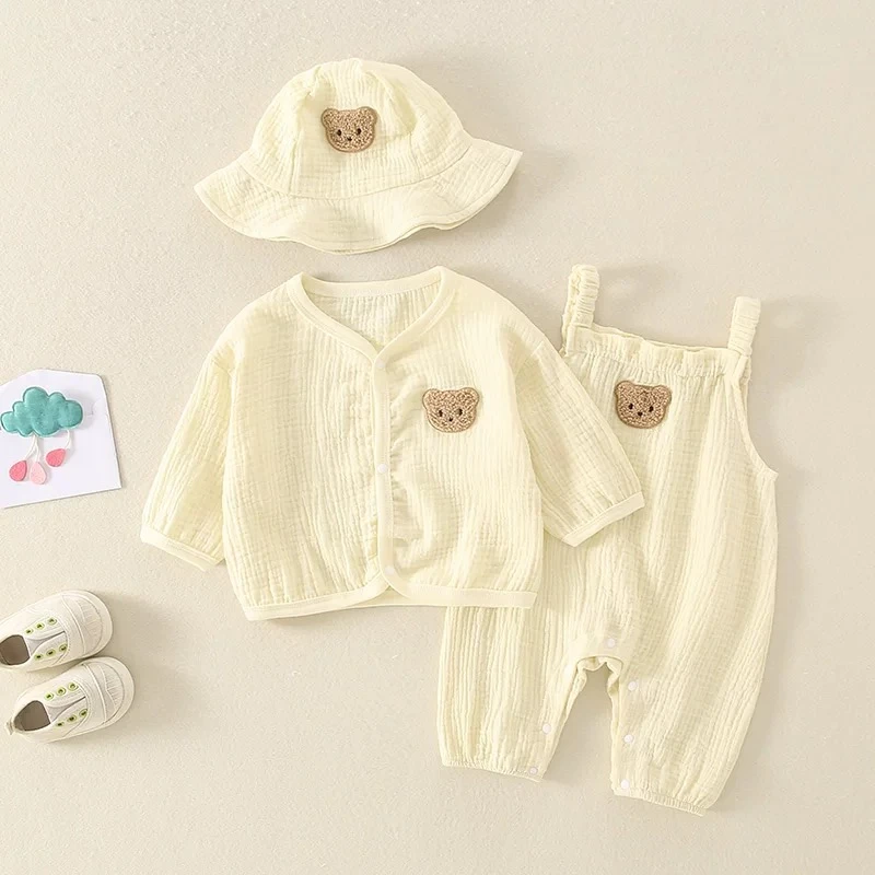 婴儿夏装纱布背带裤夏天薄款带帽吊带新生儿无袖连体衣