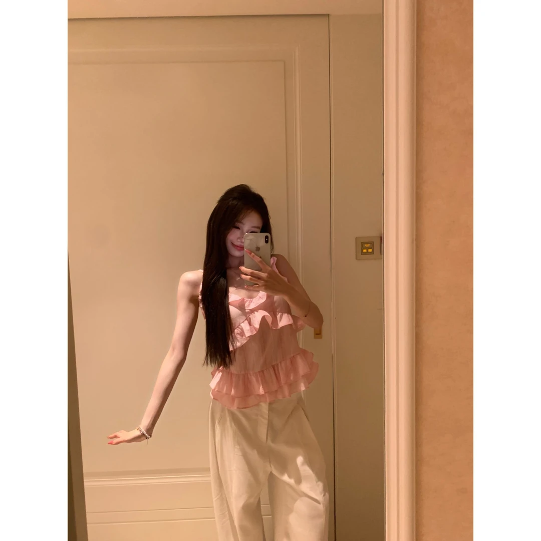 withmin白兔 粉雾暇想 串珠绑带层次感荷叶花边吊带背心2523514