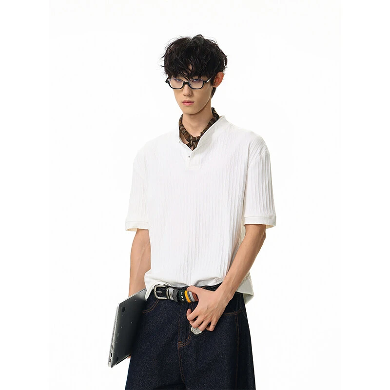 肌理感亨利领短袖t恤男夏季潮牌美式重磅衣服宽松高级感半袖体恤