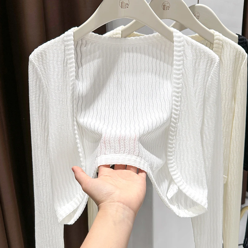 小坎肩蕾丝开衫上衣女配吊带裙外搭长袖披肩罩衫春秋新款白色外套