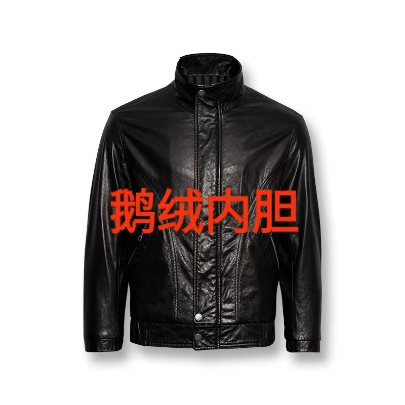 可脱卸鹅绒头层小黄牛皮男装皮衣男款夹克可立可翻领外套
