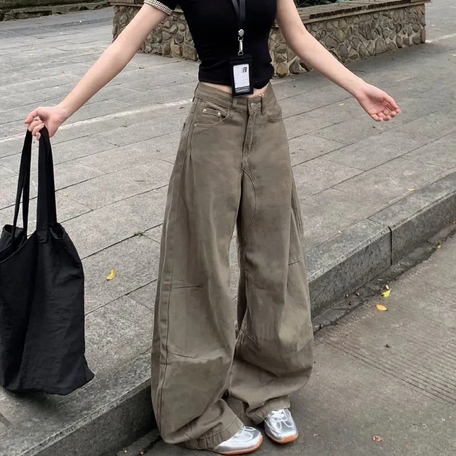 美式高街复古工装阔腿牛仔裤女小个子高腰宽松直筒裤弯刀拖地长裤