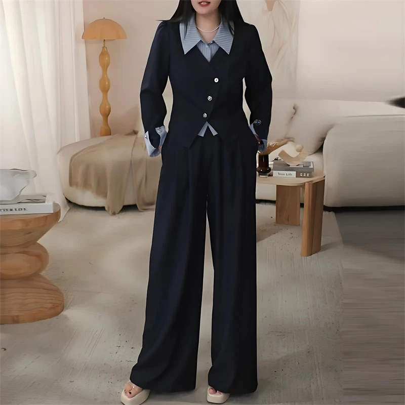 藏青色设计感显瘦遮肉时尚套装女秋季新款假两件衬衫阔腿裤两件套