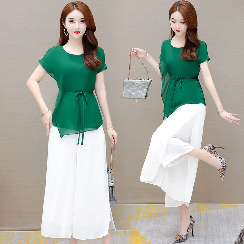 高档洋气雪纺套装女夏装新款宽松大码女装透气纱网短袖时尚两件套