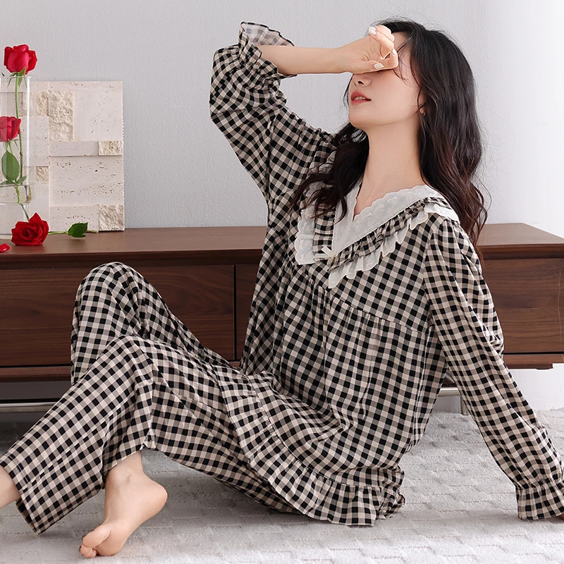 金黛儿春秋季新款女士睡衣优雅显瘦格子家居服莱卡棉两件套高级感