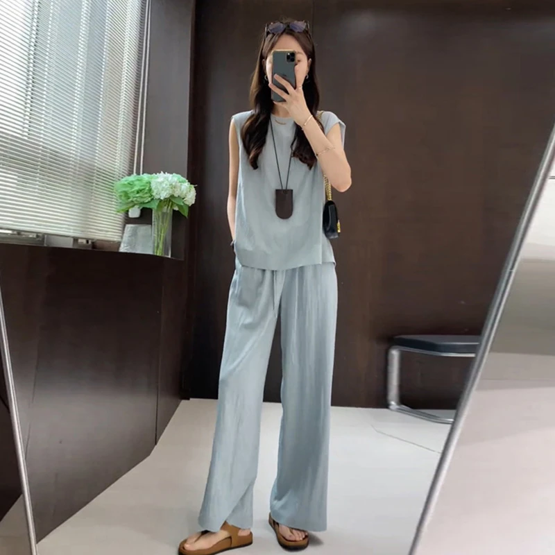 休闲无袖上衣裤子两件套2025夏季新款松弛慵懒感纯色减龄好看套装