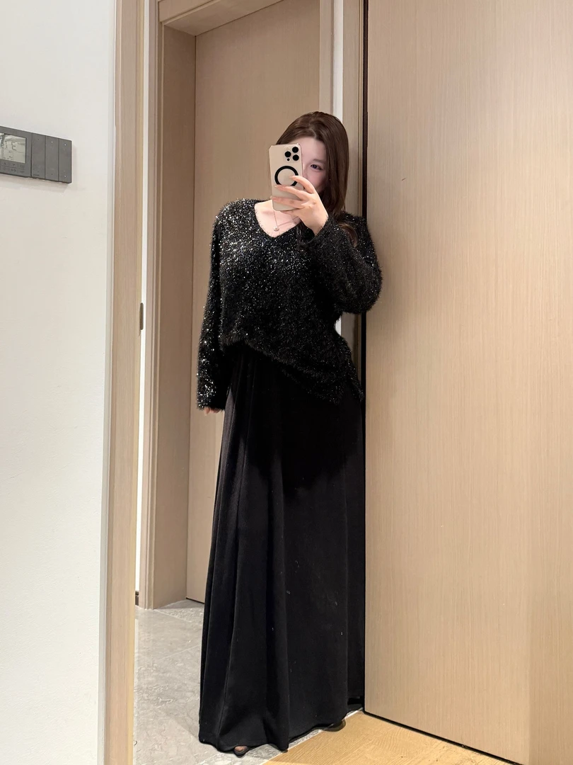 【一茹】微胖mm时尚气质v领水刀绒亮片蕾丝女冬韩版宽松慵懒风上衣