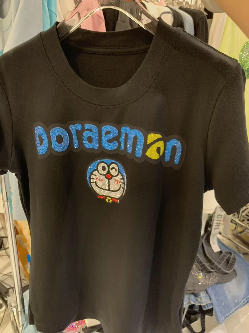 包哥-小版【W464黑色蓝胖子】女装休闲夏夏圆领运动印花简约情侣半