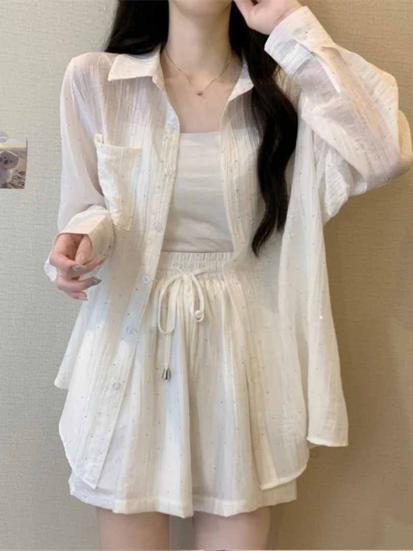 大码法式高级感时尚防晒衬衫女夏季新款休闲慵懒风高腰短裤两件套