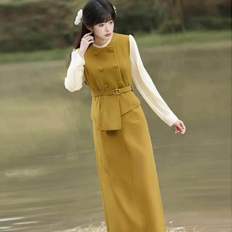 2025秋季气质通勤假两件长袖拼接系带修身包臀女装连衣裙2116