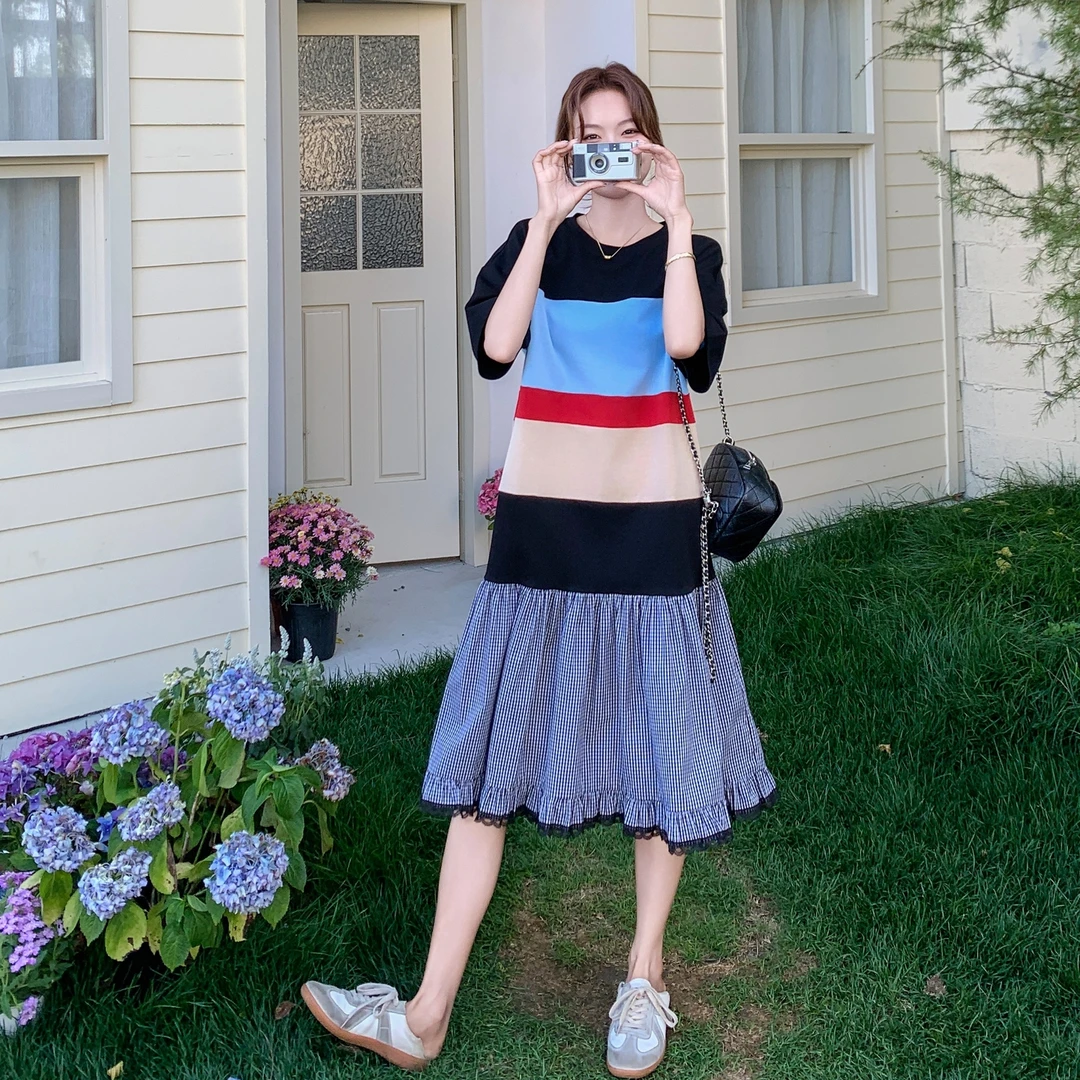 【晨夕专属】韩系撞色短袖连衣裙女2025夏季新款宽松显瘦拼接T恤裙