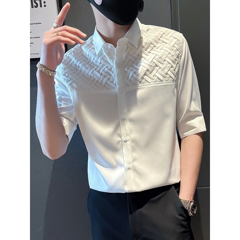 夏季潮流衬衫短袖冰丝白色五七分韩版衬衣修身寸衫大肚腩男士衬衫