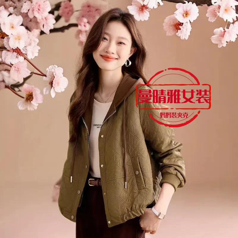 新春夹克妈妈装休闲风菱形连帽显瘦假两件中老年妈妈装运动风