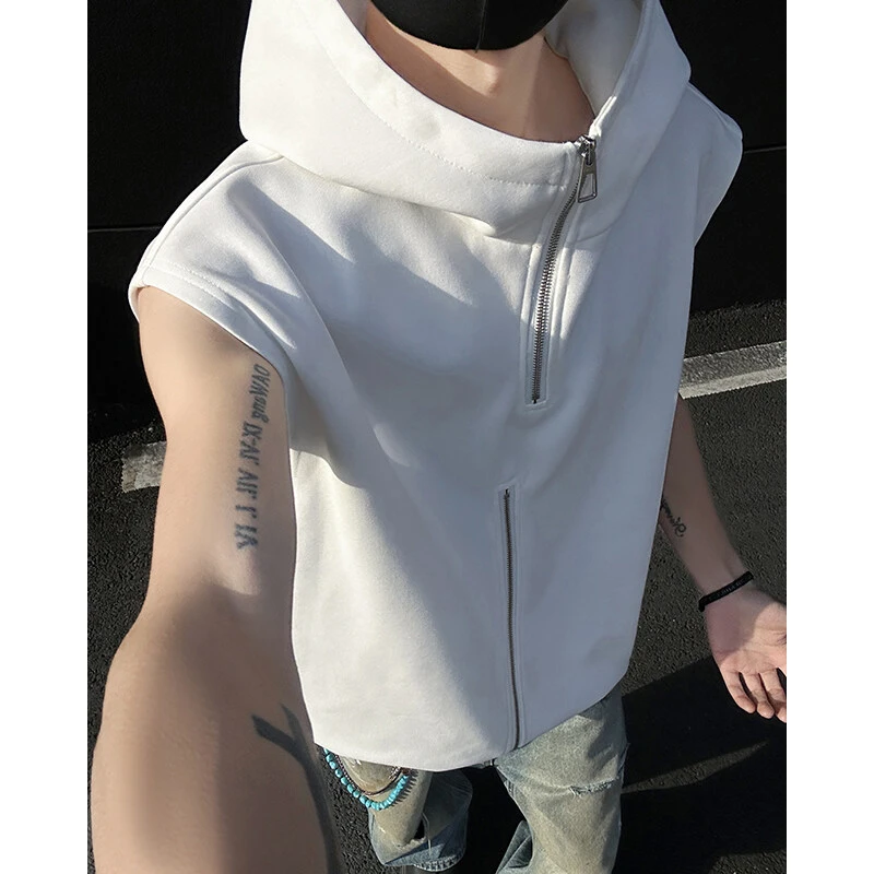 美式高街连帽T恤男款夏季高级感金属拉链设计感小众无袖坎肩背心