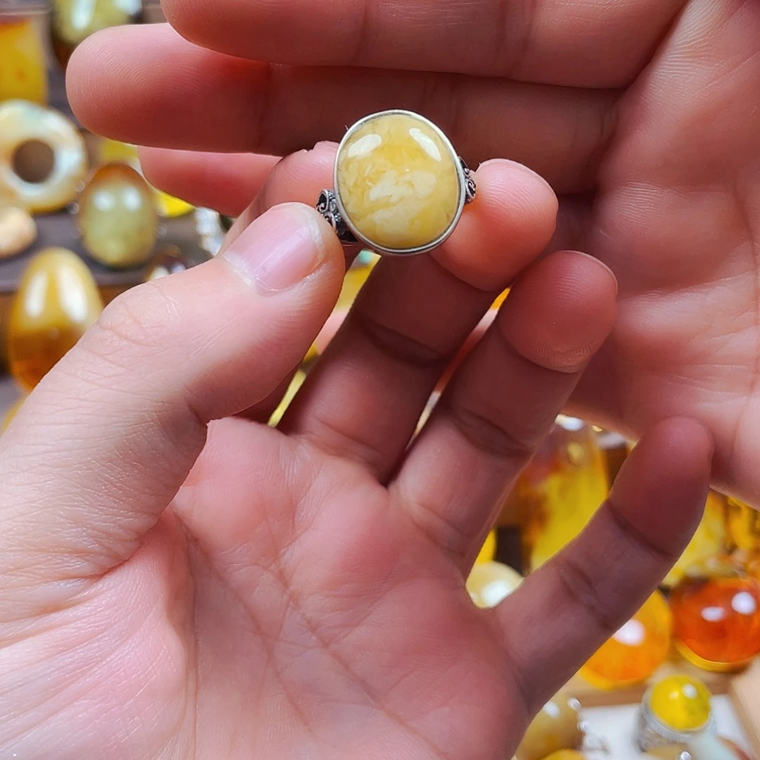 琥珀银S925镶嵌裸石戒指