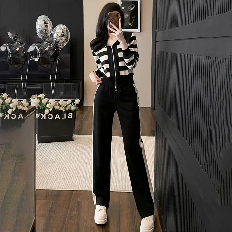 高含棉洋气大码套装女2025年秋季新款时尚条纹卫衣宽松长裤两件套