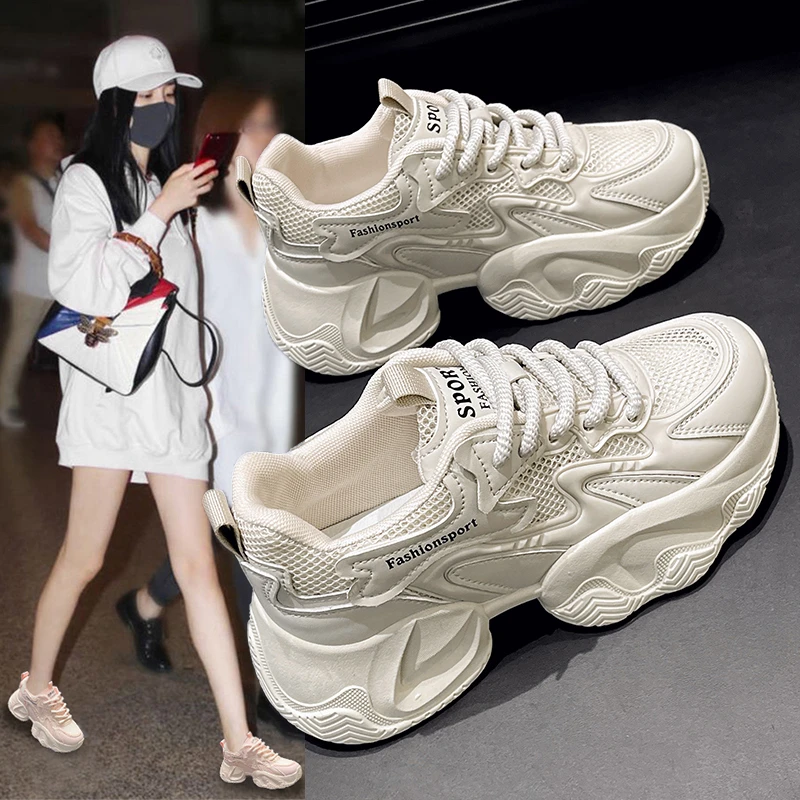 明星同款小个子松糕厚底增高6cm老爹鞋女2025夏季网面休闲运动鞋