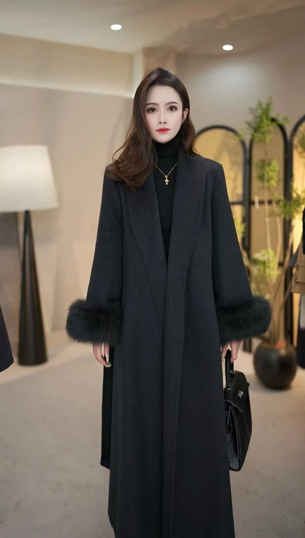 【诺姐服饰】100%绵羊毛女装气质秋冬新款羊毛大衣狐狸毛袖口W808