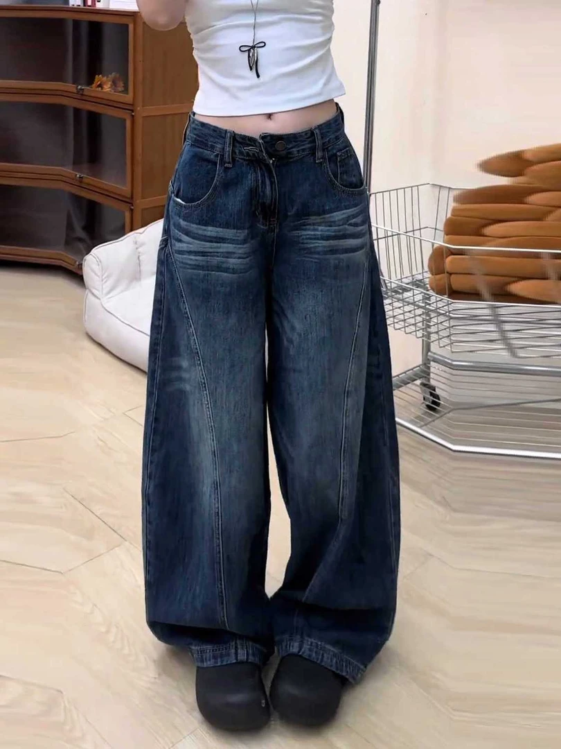 美式复古高街显瘦猫须水洗弯刀牛仔裤女街头宽松廓形设计感裤子潮