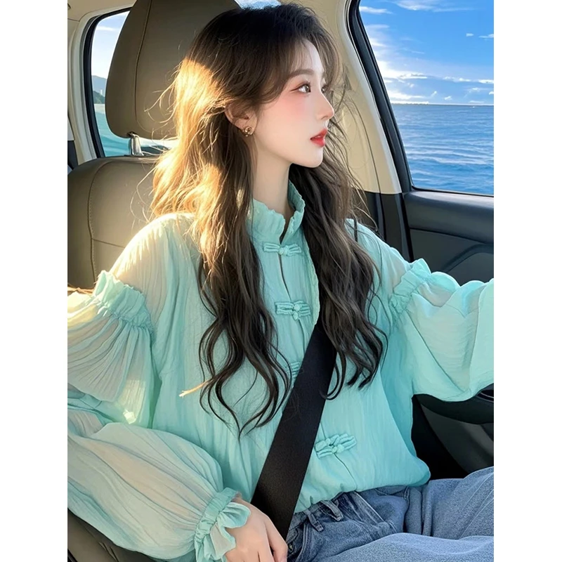 蓝色立领新中式国风衬衫女装上衣2025春季新款泡泡袖法式气质小衫