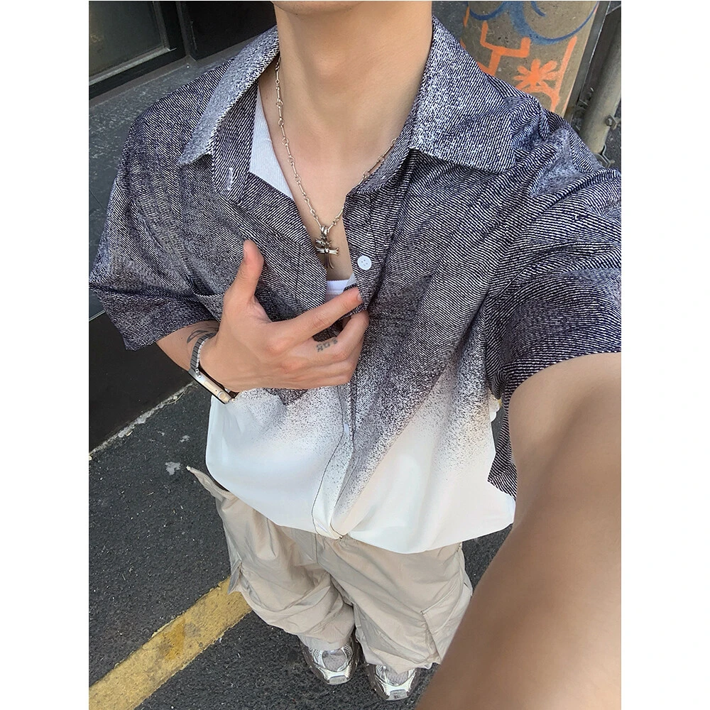 冰丝速干渐变色短袖衬衫男宽松潮夏季美式街头高级感休闲百搭衬衣