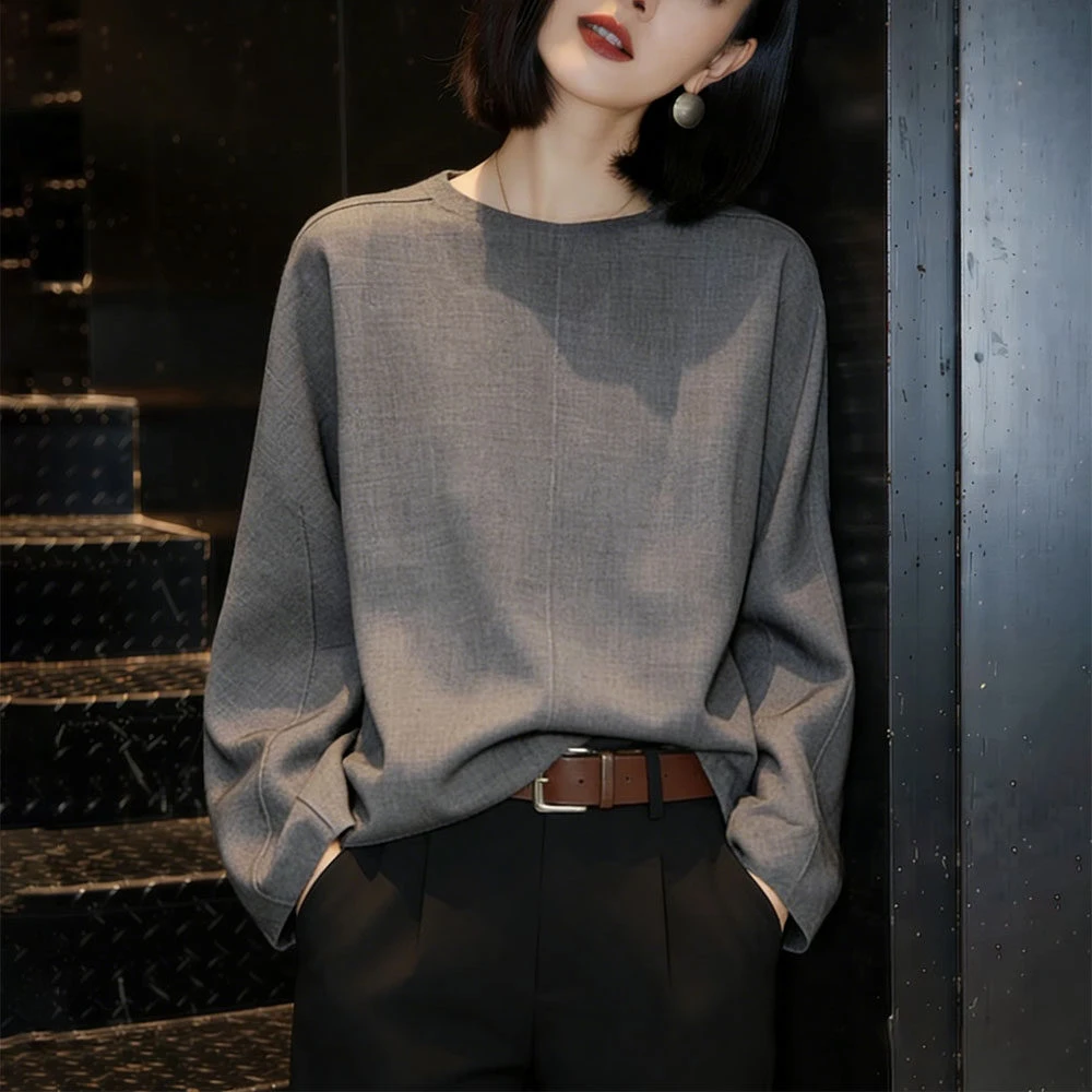 套头灰色衬衫女士秋冬新款时尚高级感宽松显瘦减龄洋气打底衫上衣