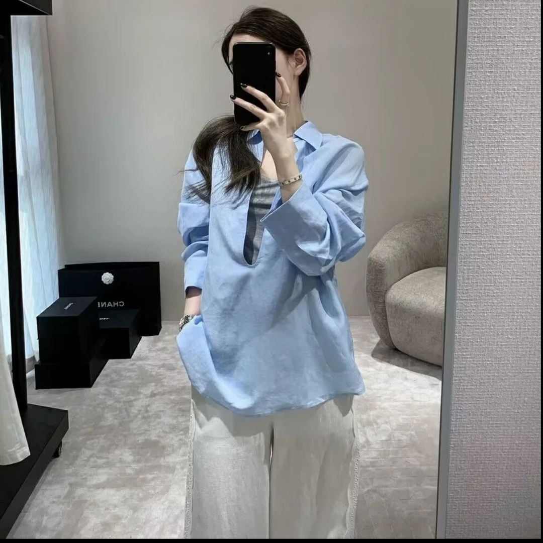 春季新款女老钱风休闲简约设计感V领亚麻衬衫X