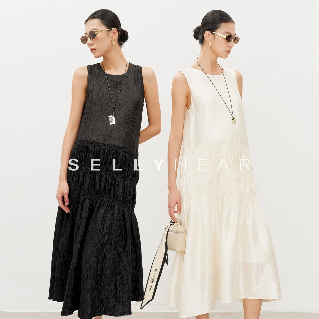 SELLYNEAR孕妇夏季连衣裙2025新款时尚法式褶皱圆领宽松显瘦长裙