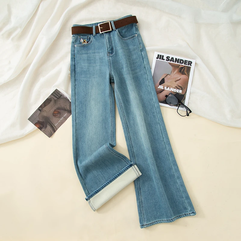 加绒/单裤刺绣高腰阔微喇牛仔裤女弹力宽松显瘦弹力裤子9882