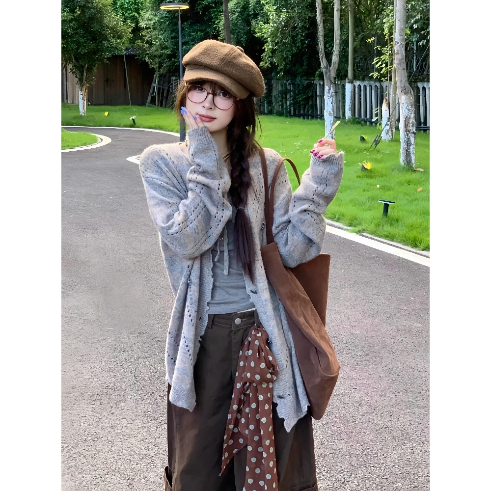韩版穿搭镂空慵懒风针织开衫外套毛衣女秋冬新款高级设计感上衣