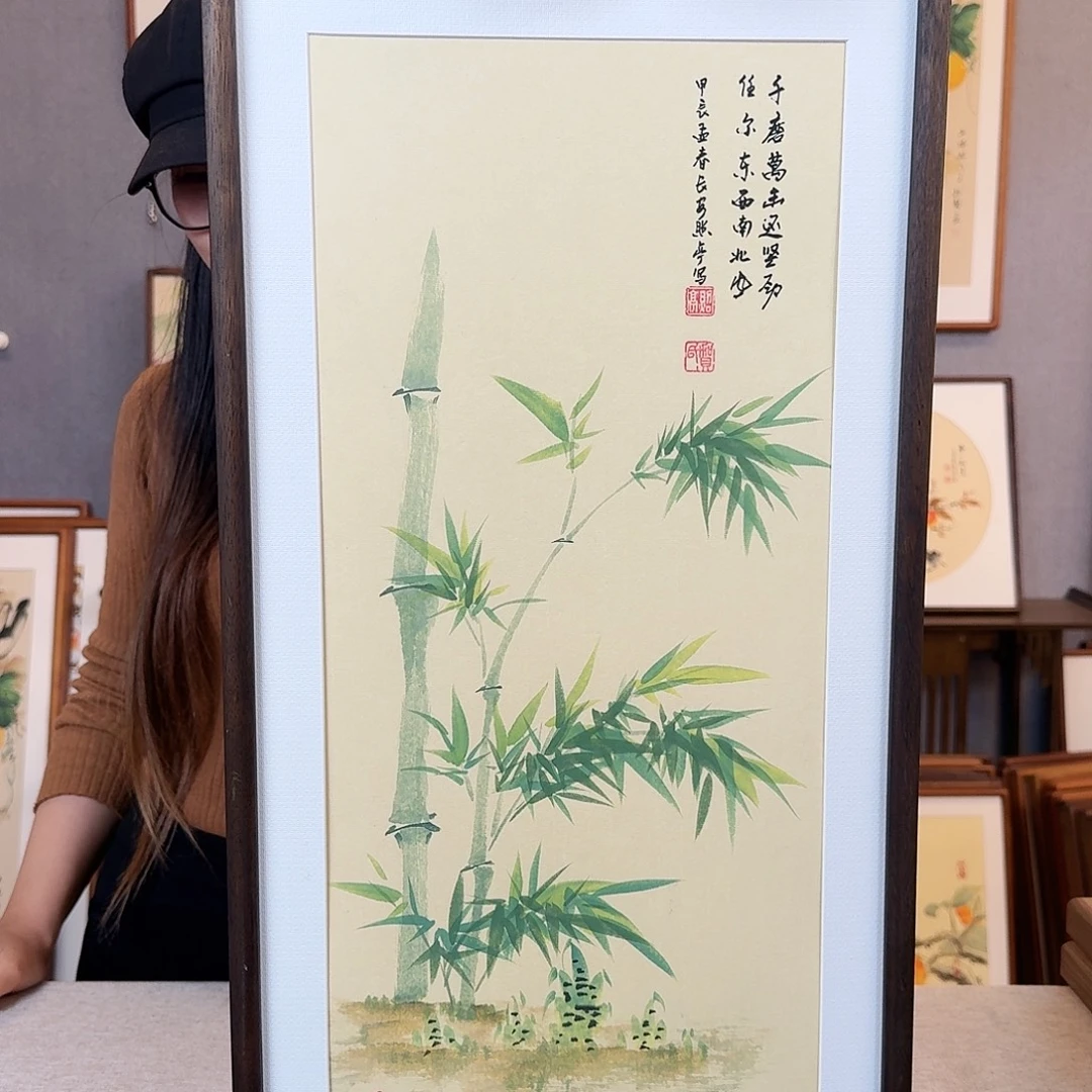 国画纯手绘，纯手写带框尺寸：36×69厘米
