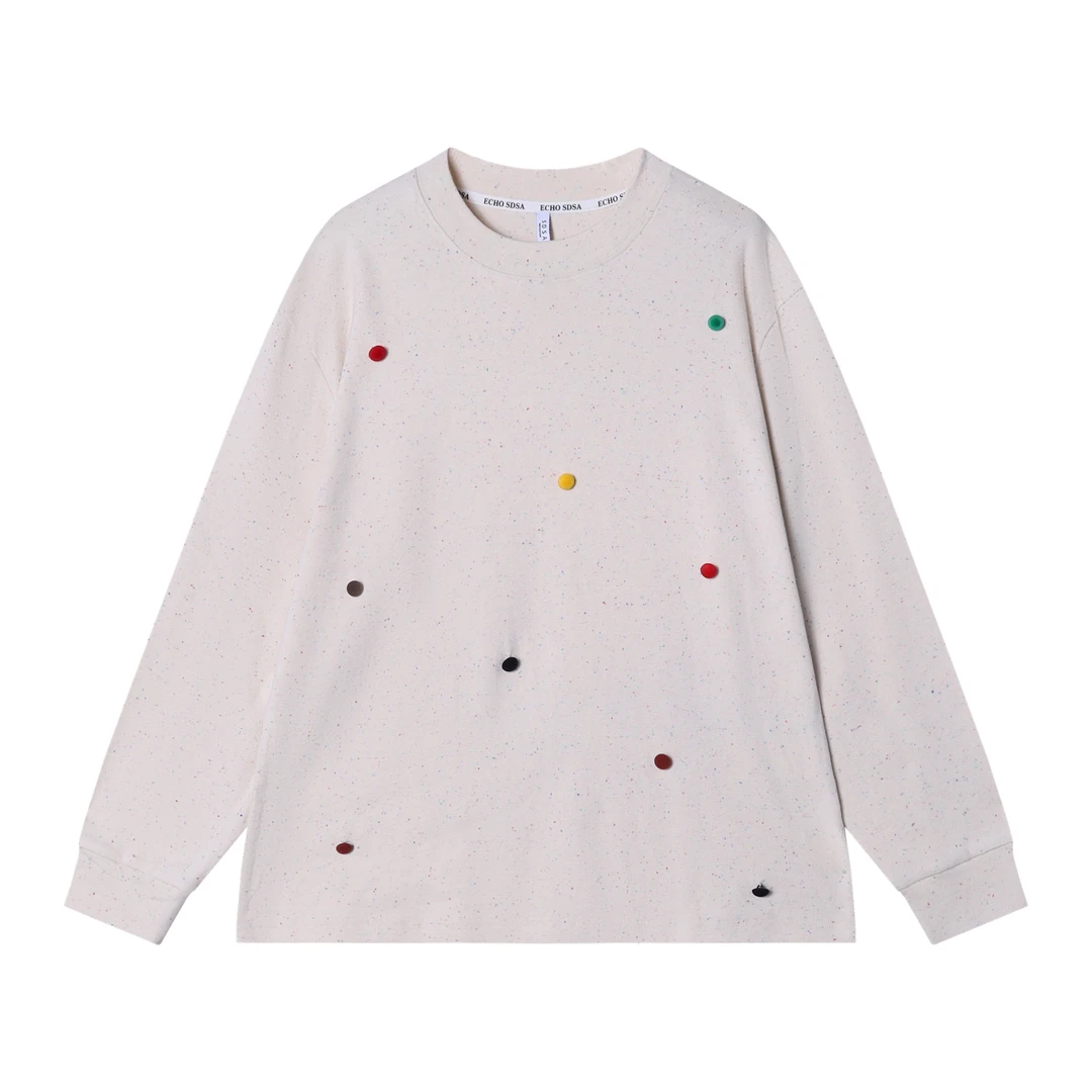 春夏新款时尚个性韩版撞色彩色纽扣圆领长袖T恤百搭情侣潮流上衣