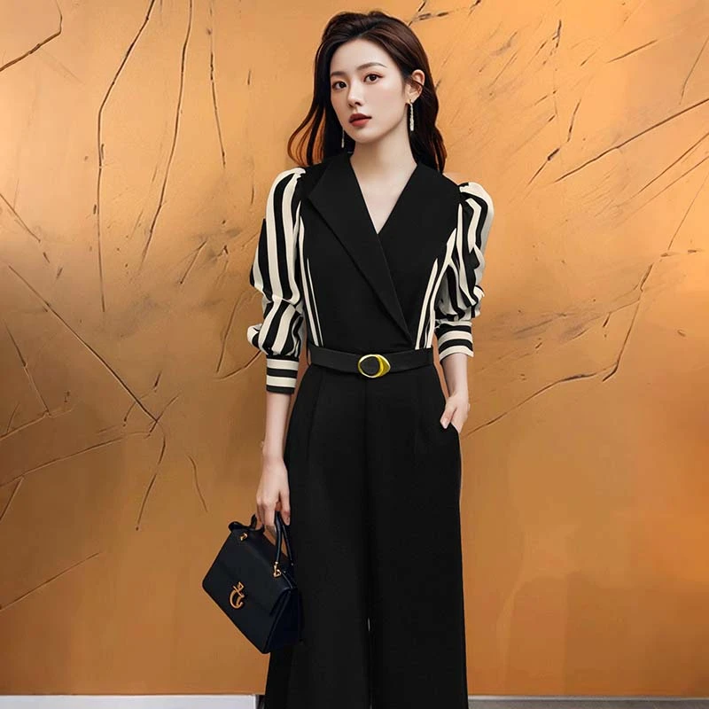 2025春季新款气质通勤条纹高腰系带连体裤女D0522