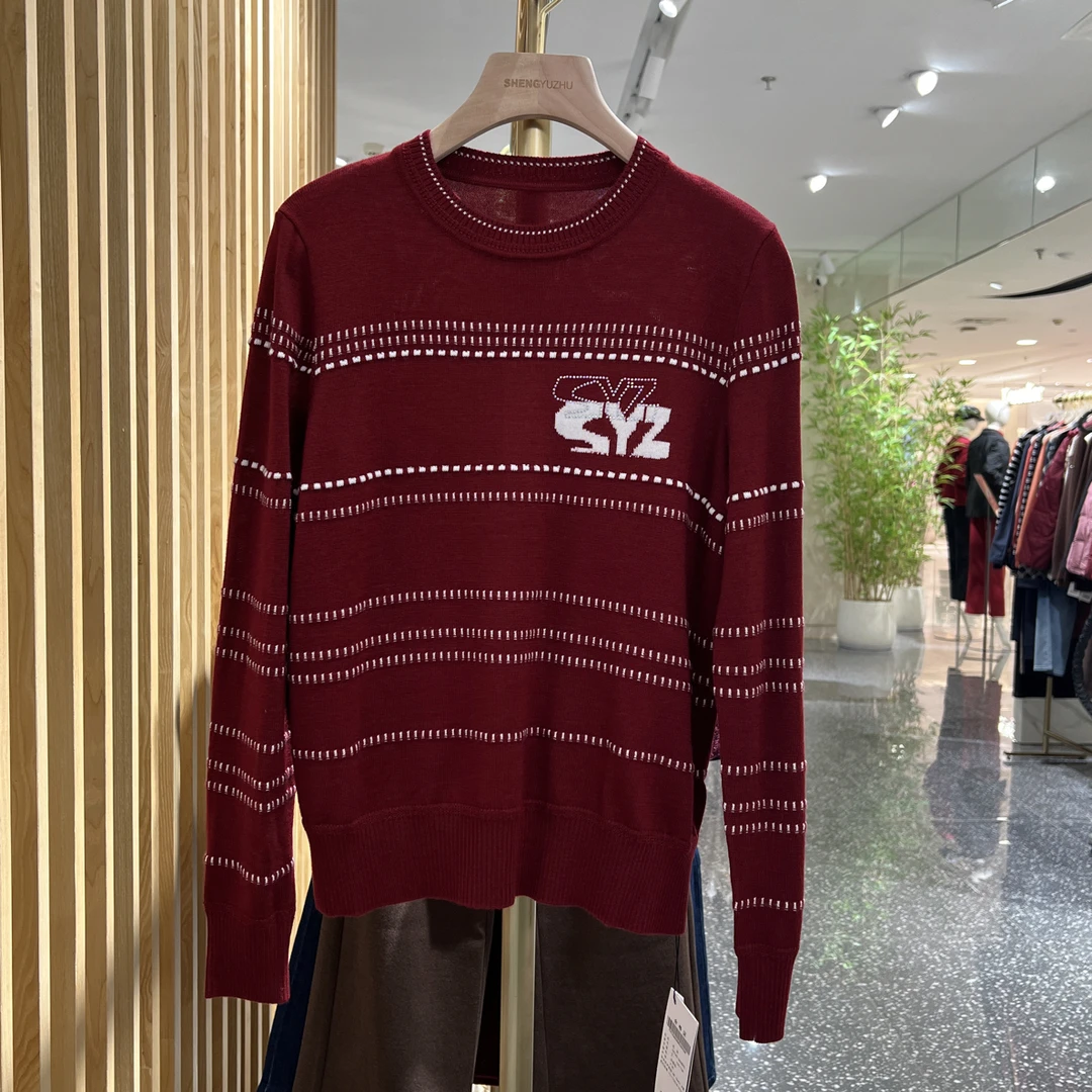 声雨竹7R740冬季新品商务通勤圆领红色针织衫秋冬时尚休闲百搭