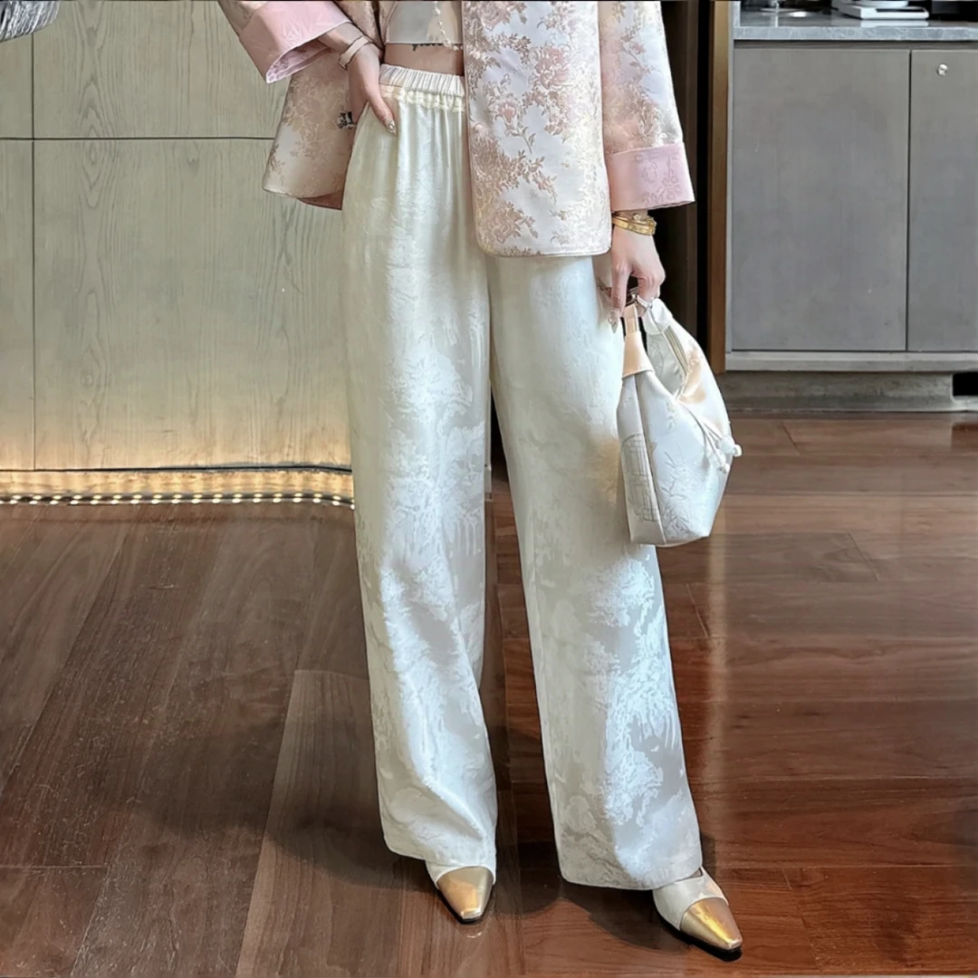 《董家》新中式花纹宽松气质显瘦百搭休闲提花直筒裤休闲裤