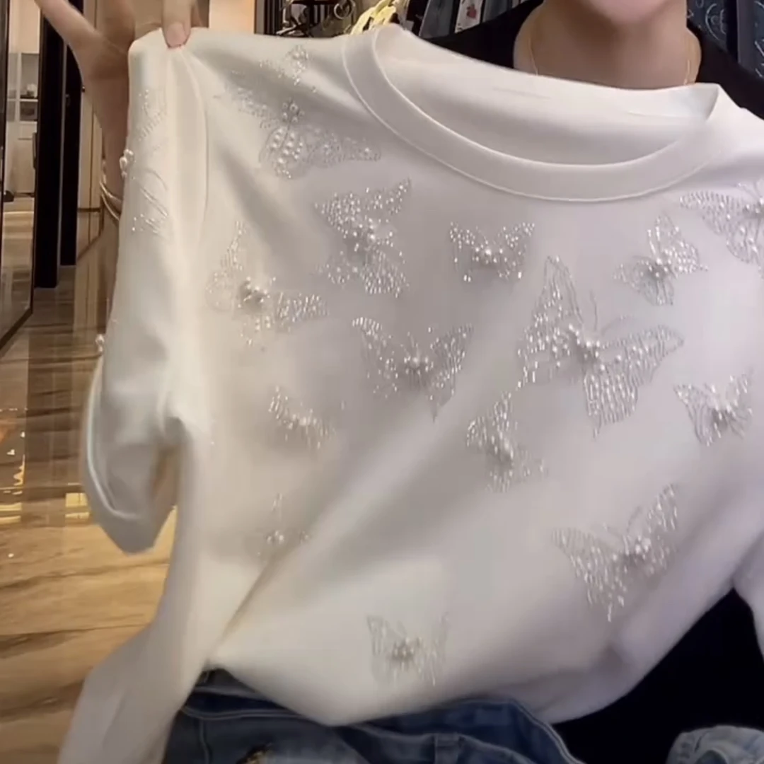 蝴蝶钉珠烫钻短袖简约通勤T恤重工半袖新中式法式1117