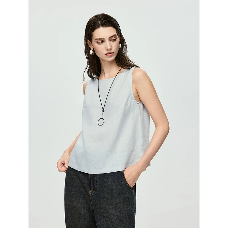 初棉【素裁恒心】法国亚麻圆领坎肩套头衬衫 363604048