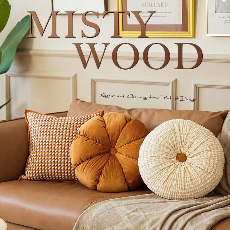 千鸟格抱枕圆形橘色沙发手工靠背垫轻奢复古床上风客厅靠枕抱枕套