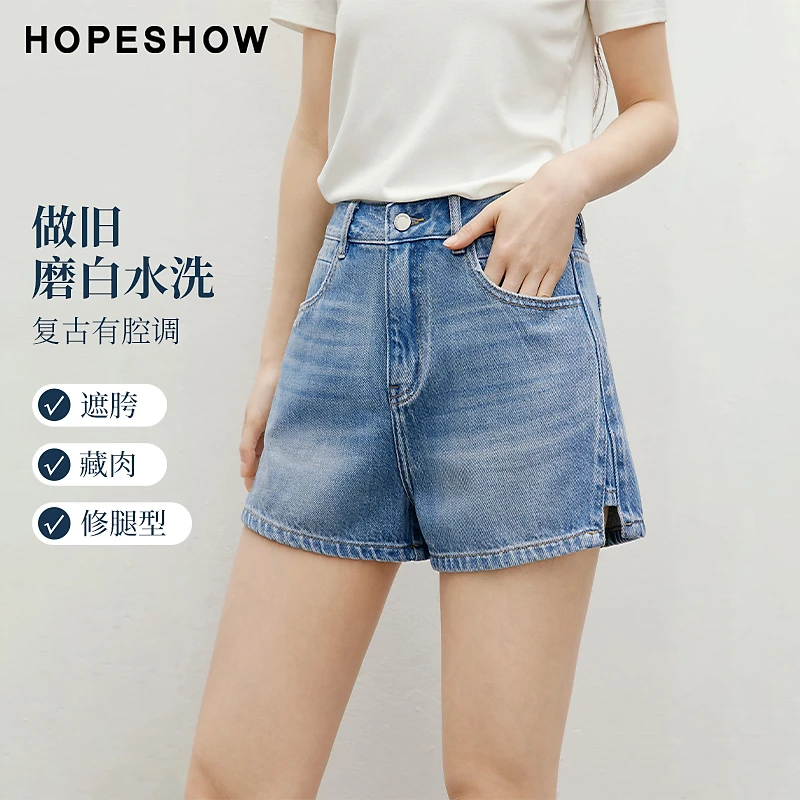 红袖2025夏季女装 复古做旧水洗侧开叉一粒扣牛仔短裤90125171301