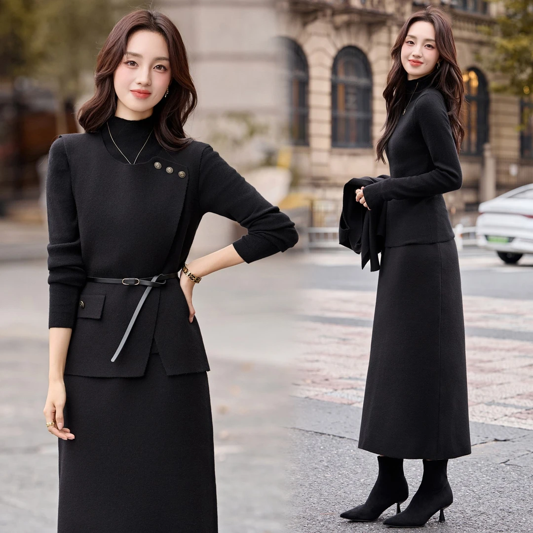 韩系气质针织马甲套装女2025春秋新款轻熟风系带收腰半身裙三件套