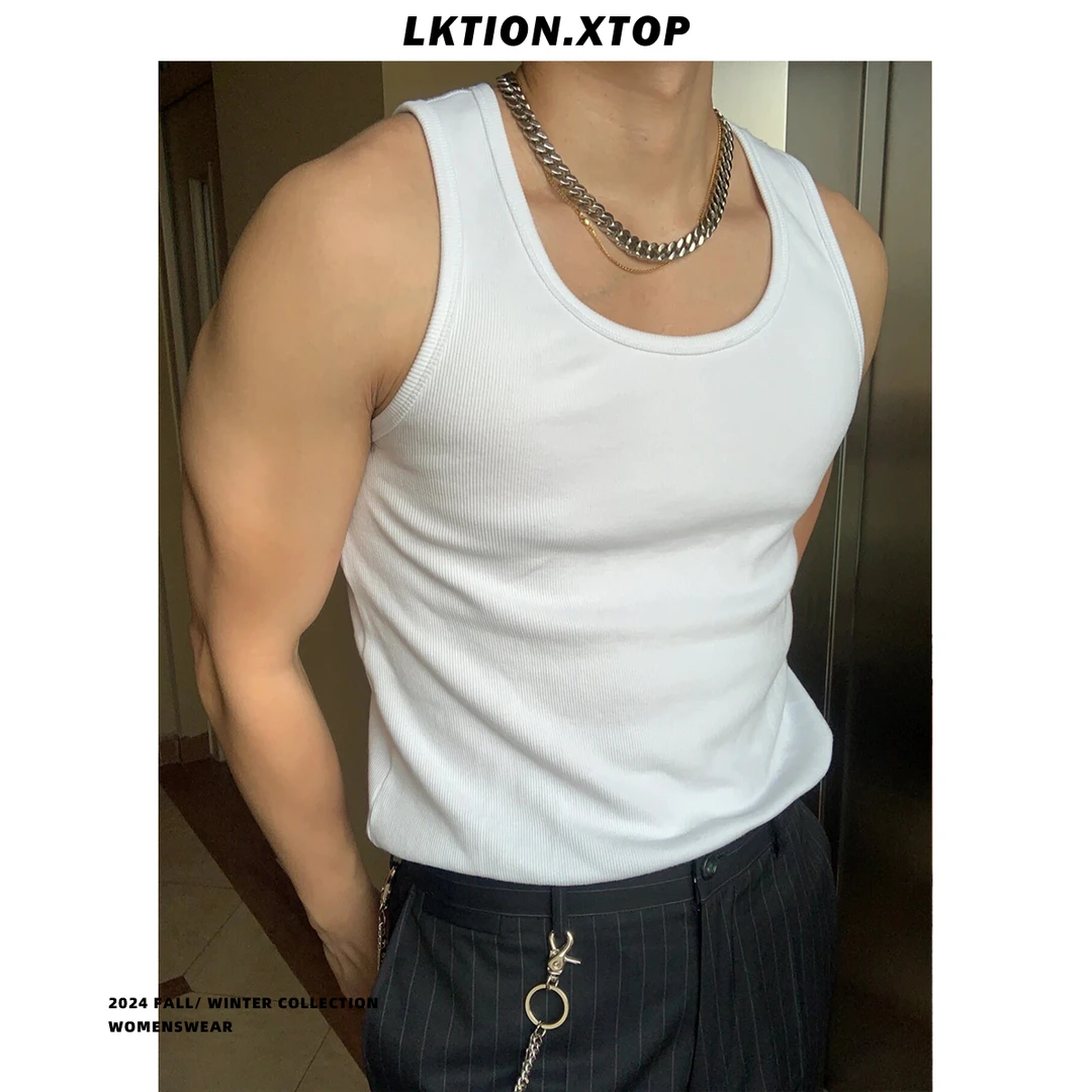 LK正品重磅美式纯棉螺纹背心男打底汗衫修身无袖运动健身坎肩白色