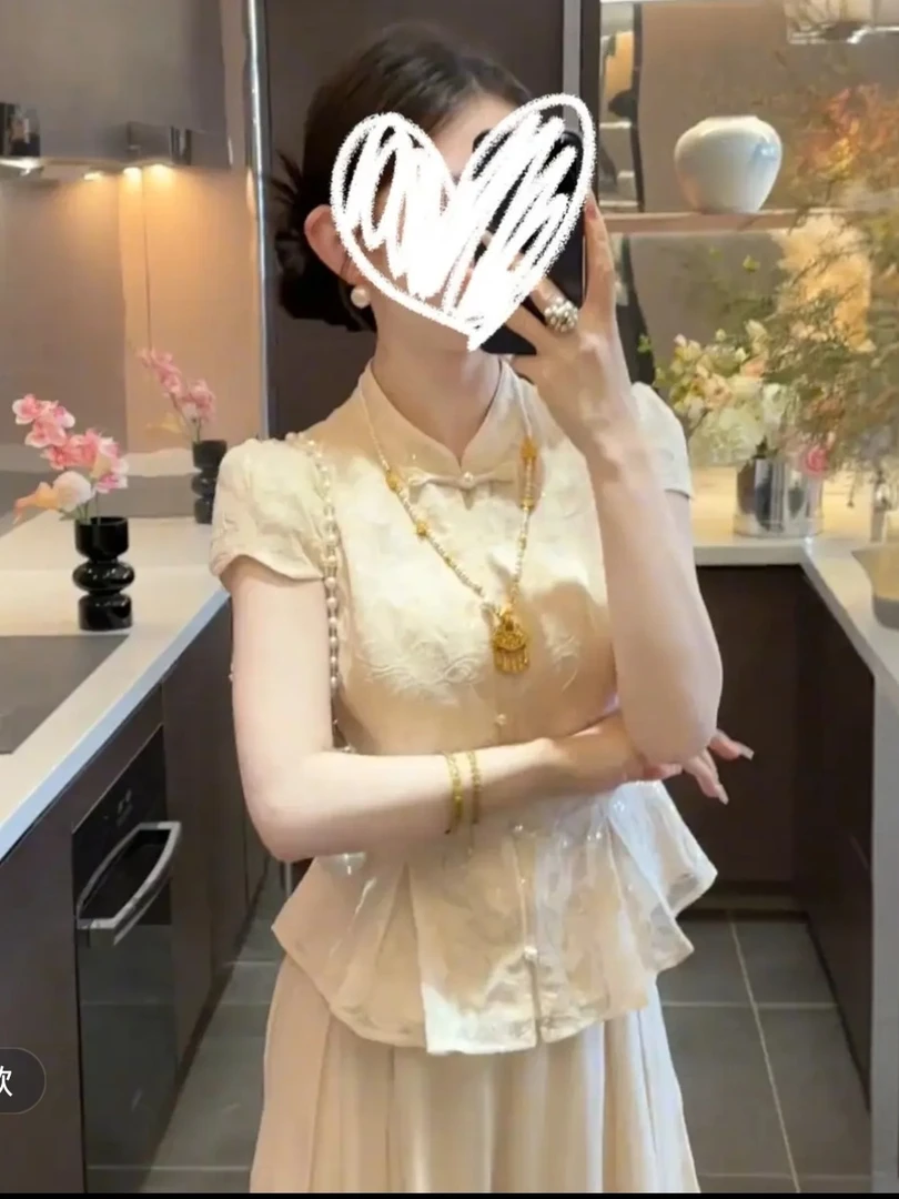 2025新款夏季新中式国风盘扣上衣阔腿裤高腰百搭休闲裤洋气套装