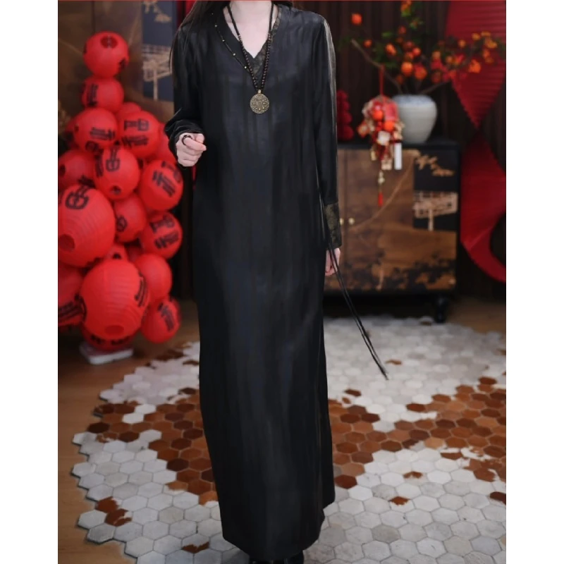 [苏曼]香云纱新中式复古宽松女士国风腔调长款休闲时尚连衣裙